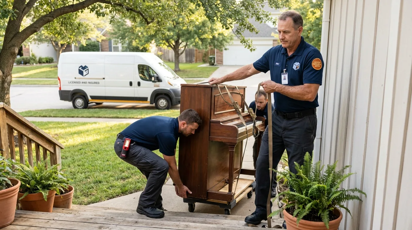 Licensed piano movers securing grand piano in Monticello, MS