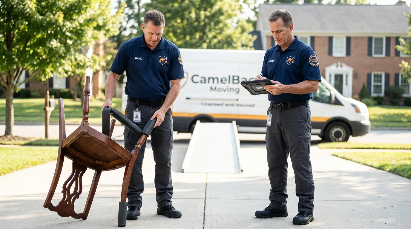 Movers inspecting furniture for damage prevention before loading in Monticello, MS