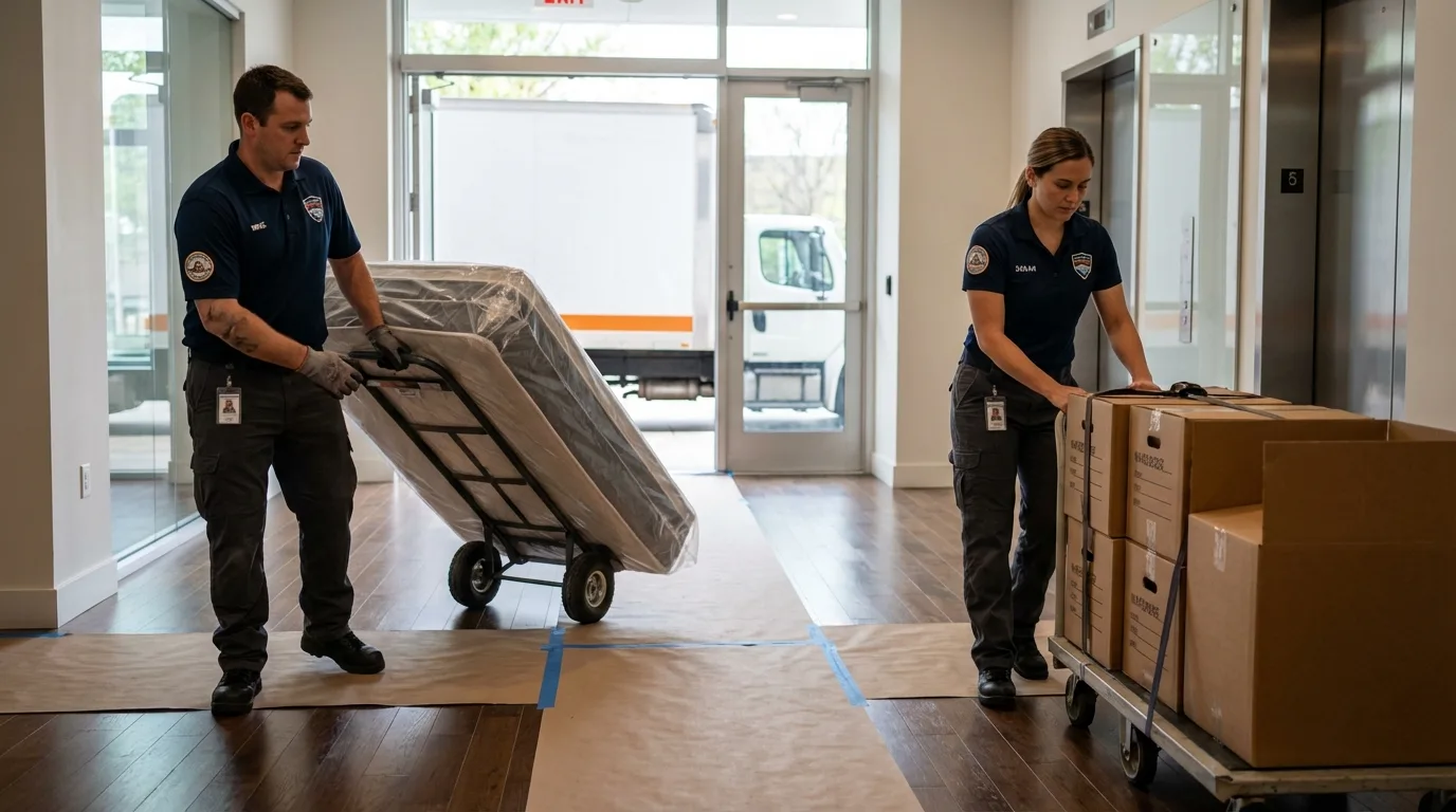 Professional apartment movers loading elevator in Monticello, MS