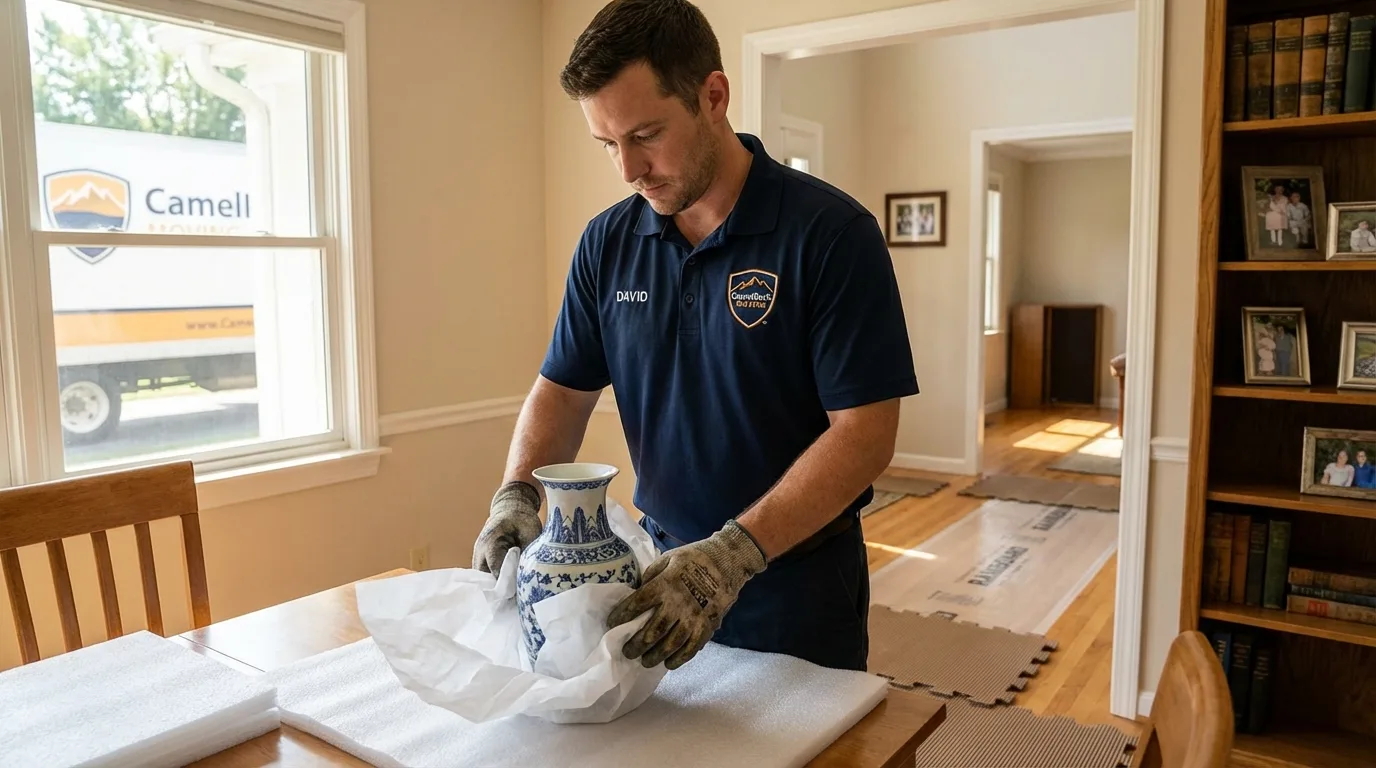 Professional crew carefully wrapping antique vase for senior downsizing move in Monticello, MS